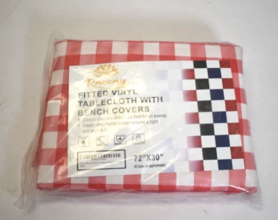 Pnoony 72" x 30" Vinyl Tablecloth Cover 2 Bench Covers Red & White Checker Plaid - Image 1 of 4