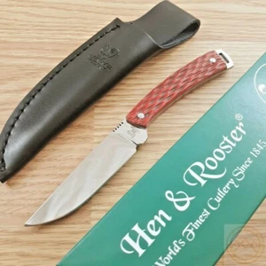 Hen & Rooster Small Knife 3.25" 440 Steel Full Tang Blade Red Pick Bone Handle - Picture 1 of 12