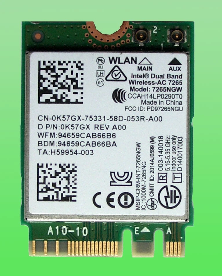 Intel Dual Band Wireless- AC7265 Model 7265NGW  867Mbps Bluetoth4.0 NGFF  0K57GX - Bild 1 von 1
