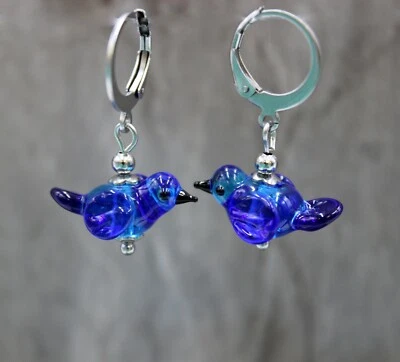 Vogel Ohrringe Ohrhänger Damen Bird Blau Türkis Lampwork Perlen Glas #LA068 - Bild 1 von 4