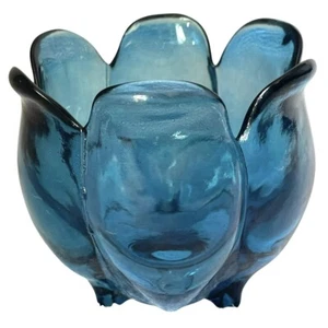 Vintage Recycled Blue Glass Tulip / Lotus Votive Candle Holder Candy Dish Cobalt - Picture 1 of 9