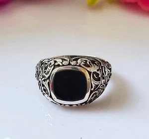 Natural Black Onyx Ring Turkish Statement Ring 925 Sterling Silver Signet Ring - Picture 1 of 4