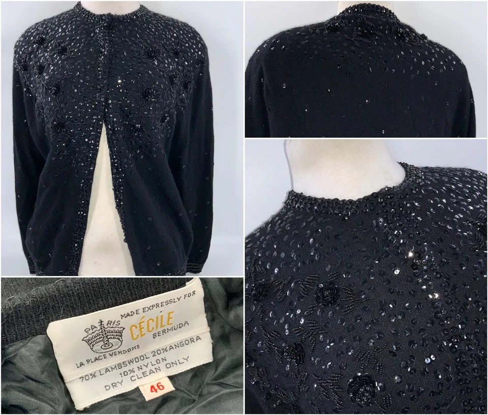 Cárdigan Suéter Cecile Bermuda Talla 10 Negro Lana Angora Nylon Lentejuelas YGI I2-399 Foto 1 de 4