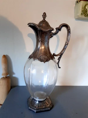 ANCIENNE AIGUIERE EN VERRE taillé MONTURE ETAIN ARGENT ? XIXème POINCONS - Photo 1/4