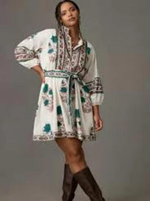 Haute Hippie Floral Geo Print Boho Dress Front Button Cotton - Image 1 of 4