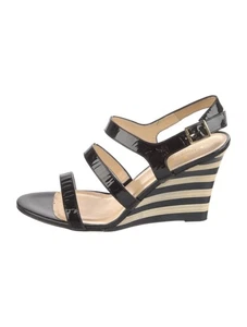 KATE SPADE Cindy Patent Leather Stripe Wedge Slingback Sandal Black $198 Size 9 - Picture 1 of 9