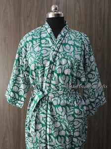 Indian Floral Block Printed Green White Kimono Robe Indian Handmade Women Beach - Picture 1 of 8