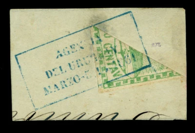 ARGENTINA 1861 Conf. 10c grn BISECT Sc# 2f on piece w/"AGENCIA DEL URUGUAY" RARE - Image 1 of 2