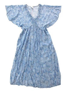 Hinge 100% Rayon Blue Paisley Floral Flare Sleeve Empire Long Maxi Smock Dress M - Picture 1 of 7