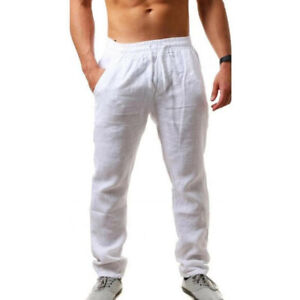Mens Drawstring Casual Linen Baggy Yoga Pants Loose Straight Beach Long Trousers