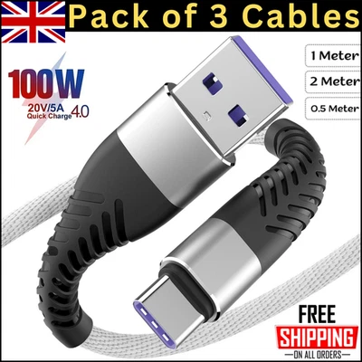 USB A to USB-C Cable Braided Fast Charger Type C Lead For iPhone 15 16 / Samsung - Image 1 of 4