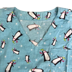 Handmade Womens Scrub Top Penguins Blue Winter Novelty Fabric Large V-Neck - Picture 1 of 6