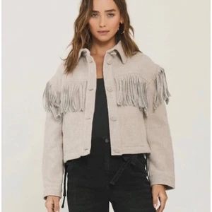 Something Navy Fringe Trucker Jacket Beige Wool Blend Size XL Made in Italy - Picture 1 of 14