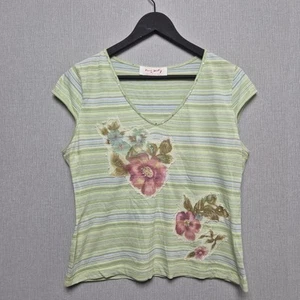 Vintage Rene Derhy T Shirt Womens Size 12 Striped Applique Lime Green Pastels - Picture 1 of 8