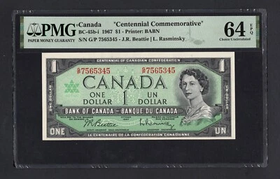 Canada One Dollar 1967 BC-45b-i "Centennial Commemorative" Uncirculated Grade 64 - Image 1 of 2