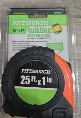 Pittsburgh Tape Measure 25 Ft. X 1-Inch Quikfind Rubber Grip Thumb Lock New - Image 1 of 4