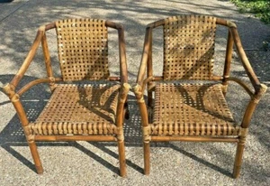 Pair McGuire Rattan and Laced Rawhide Dining Arm Chairs 1980s Era Production - Picture 1 of 12