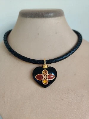 Banana Republic Puffed Heart Poured Glass Pendant Braided Leather Necklace  - Image 1 of 4