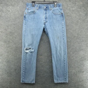 Levis Jeans Mens 33x32 (Fits 32x30) Blue 501 Straight Button Fly Thrashed Denim - Picture 1 of 24