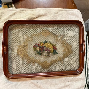 10”x14” Wood glass Serving Tray With handmade Vintage Doily Between Glass Rare ! - Picture 1 of 11