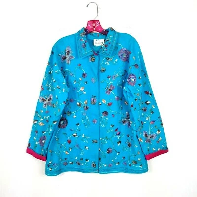 Quacker Factory Jacket Women's Size Large Embroidered Embellished Teal Blue Pink - Image 1 of 4