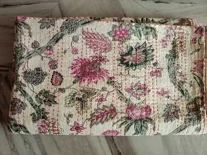 Indian Handblock Kantha Quilt Beautiful White Floral Bedspread - Picture 1 of 6