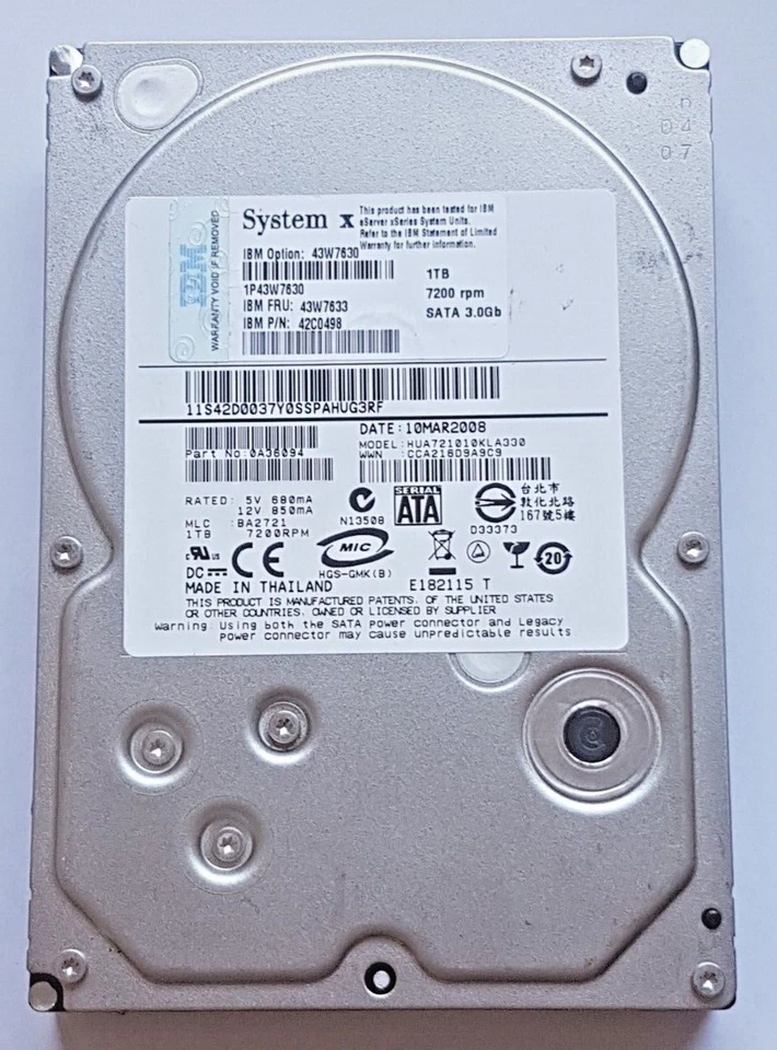 1 TB SATA IBM System X 43W7630 HUA721010KLA330 7200RPM 64MB 3.5 " Hard Drive - Image 1 of 1