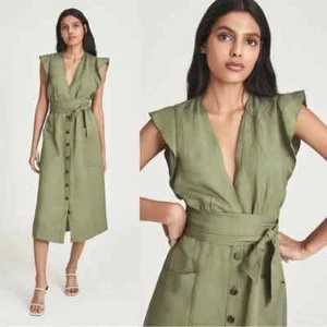 REISS • Emma Plunge Frill Shoulder Dress green midi button front tie waist UK 10 - Bild 1 von 5