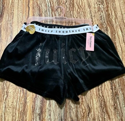 Juicy Couture Velour Lounge Shorts Women’s Large Black & Teal Rhinestone Logo - Image 1 of 4