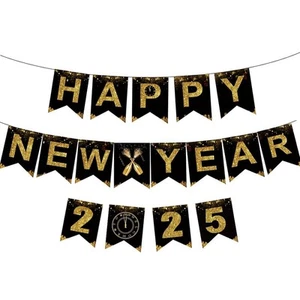 Happy New Year 2025 Banner - Black Gold Sign for New Year's Eve Party - Picture 1 of 6
