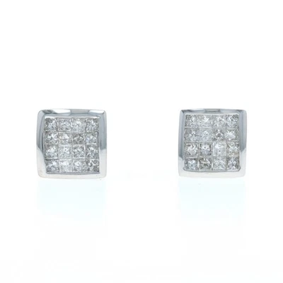 White Gold Diamond Cluster Stud Cluster Earrings - 14k Princess 1.50ctw - Image 1 of 4