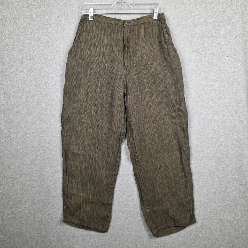 Винтажные льняные женские брюки Jeanne Engelhart среднего размера коричневые льняные широкие повседневные - Изображение 1 из 4