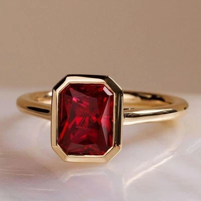 Обручальное кольцо из настоящего желтого золота 14 карат с одним рубином натуральной огранки сияющей огранки 3 карата - Изображение 1 из 4