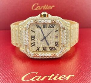 Cartier Santos Mens Custom 39.8mm 18k Yellow Gold Watch Iced Out 25ct Diamonds