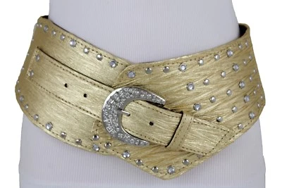 Damen Lack-Optik Metallic Gold Farbe Korsett Gürtel Breit Bund Nieten Größe L XL - Bild 1 von 4