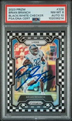 BRIAN BRANCH SIGNED 2023 PANINI CHECKERBOARD PRIZM #328 Rookie PSA 8 AUTO 10 - Image 1 of 2