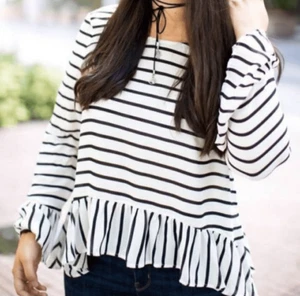 A.N.A A NEW APPROACH BLACK & WHITE STRIPE RUFFLE BLOUSE SZ.M NWT. - Picture 1 of 6