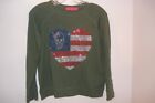 me.n.u. JR's RHINESTONE AMERICAN FLAG & Skull IN HEART Olive Sweatshirt size L