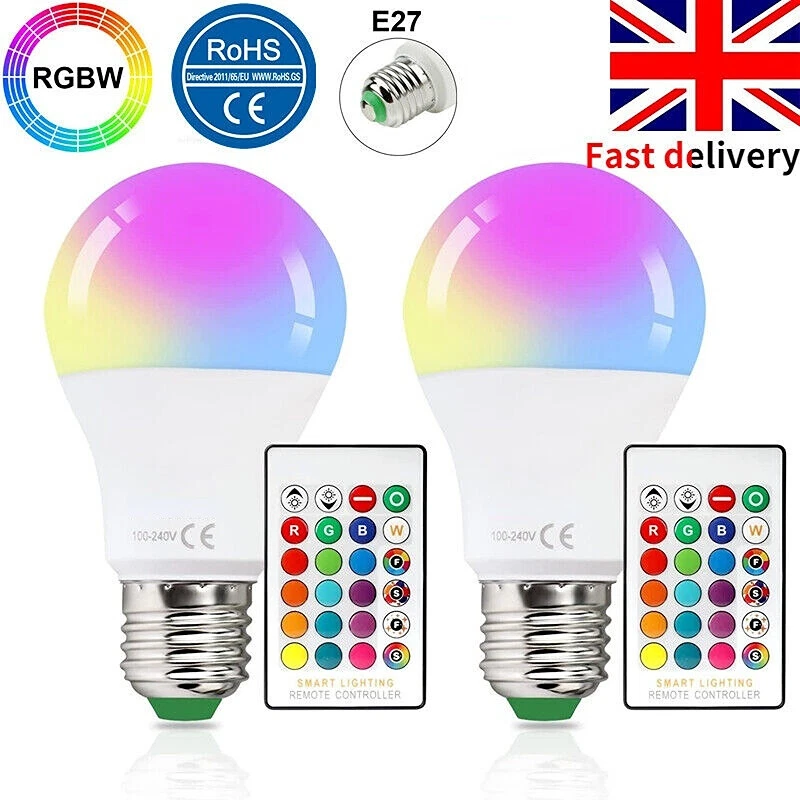 2PCS LED Light 16 Colour 18W RGB Bulb Rainbow Changing Remote Control E27 UK - Image 1 of 4