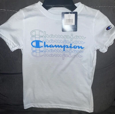 Champion® Boys Size 6 Multi Script Logo Short Sleeve T-Shirt White & Blue NWTS - Image 1 of 4