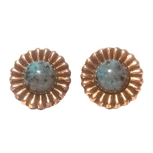 Vintage Gold Tone Daisy Sunflower Cufflinks Marbled Turquoise Lucite Cabochons - Picture 1 of 4