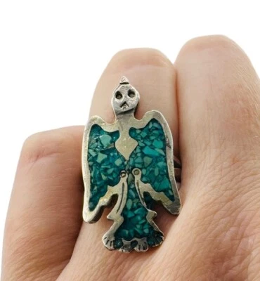 Anillo de pájaro peyote turquesa triturada de plata esterlina vintage talla 6 suroeste  Foto 1 de 4