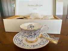 YAMAKA Teacup & Saucer White Porcelain Blue Floral Pattern Gold Trim