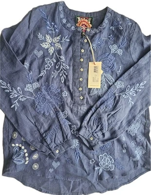 Johnny Was XS Field Henley Blouse Blue Linen Shirt Embroidered Button Amore Love - Image 1 of 4