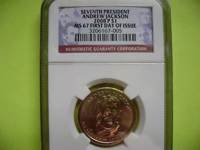 2008-P ANDREW JACKSON NGC MS67 FIRST DAY OF ISSUE BUSINESS STRIKE DOLLAR COIN - Image 1 of 2