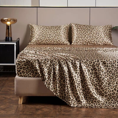 Luxury Satin Sheet Set Leopard Pattern Silky Bed Sheet Ultra Soft Wrinkle Free - Image 1 of 4
