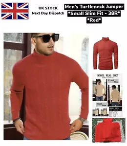 Herren Rollkragenpullover gerippt Slim Fit Small Strickpullover rot Pulli UK - Bild 1 von 6