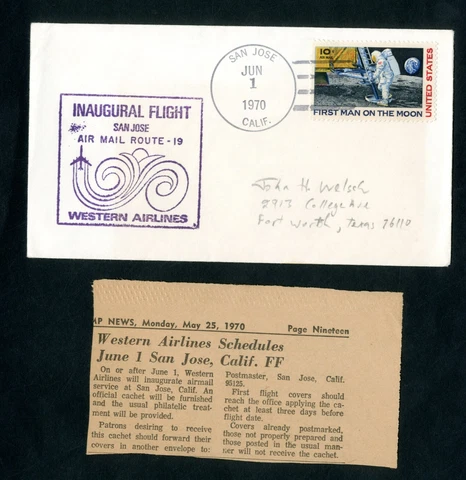 Western Airlines Air Mail Route-19, First flight, 1970, San Jose- Honolulu Cover