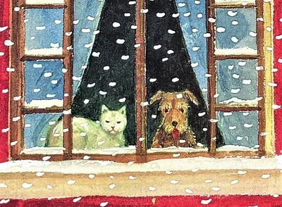 *UNA* Tarjeta de Navidad Caspari PEQUEÑA Gato Blanco y Perro Marrón En Casa Ventana Nieve 1 Foto 1 de 4