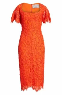 New Lela Rose Red Open Neck Flutter Sleeve Eyelash Lace Midi Dress, Size 10 - Imagem 1 de 4